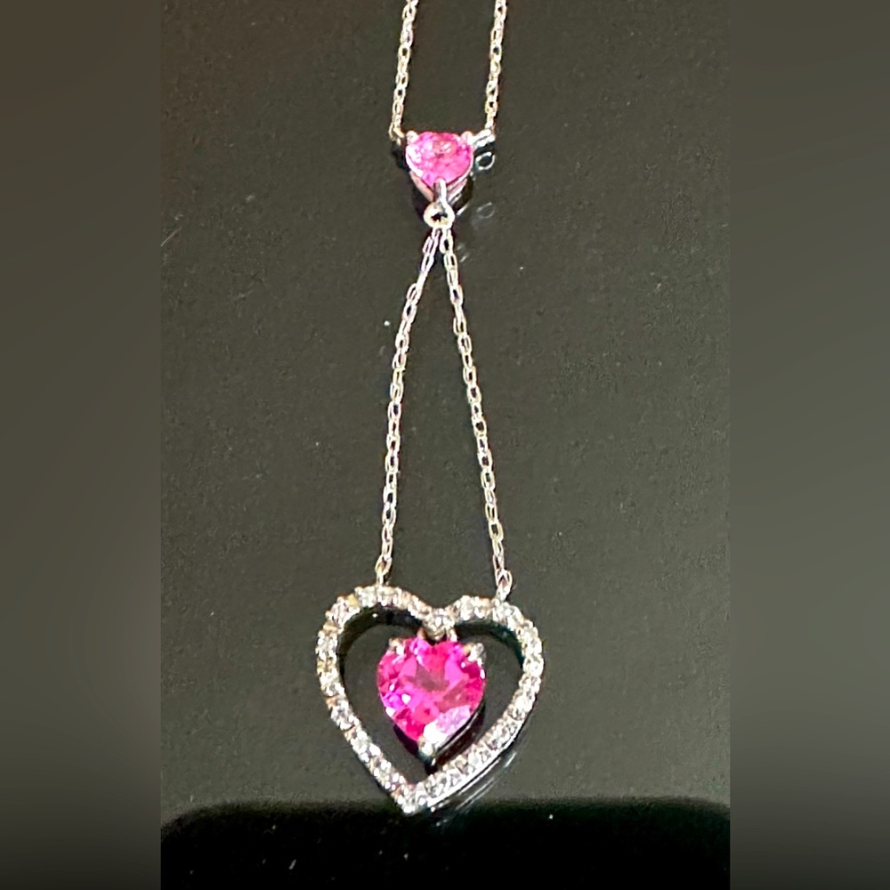 💕Valentine's Day  Solid white gold pink & white sapphire heart ❤️ necklace